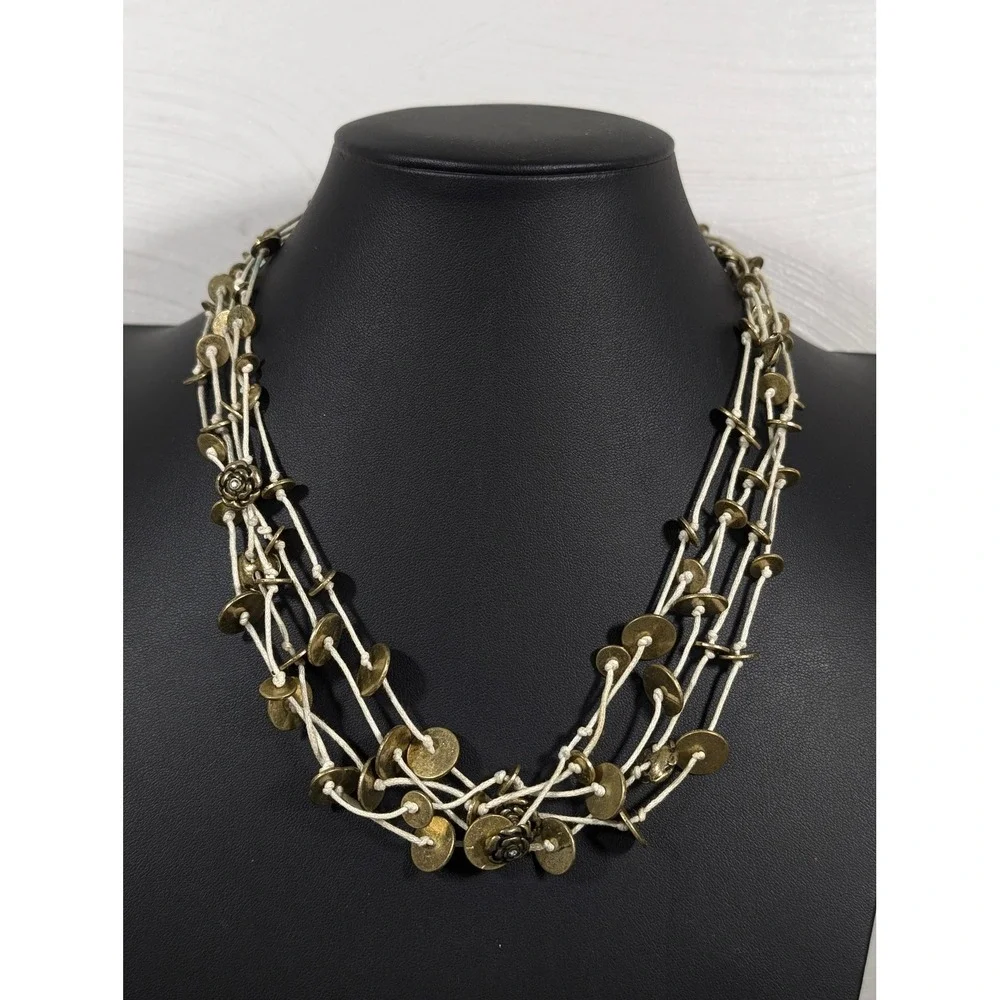 Fossil Layered Necklace Bronze Disc Rose Charm‎ Cream Cord 21 In
